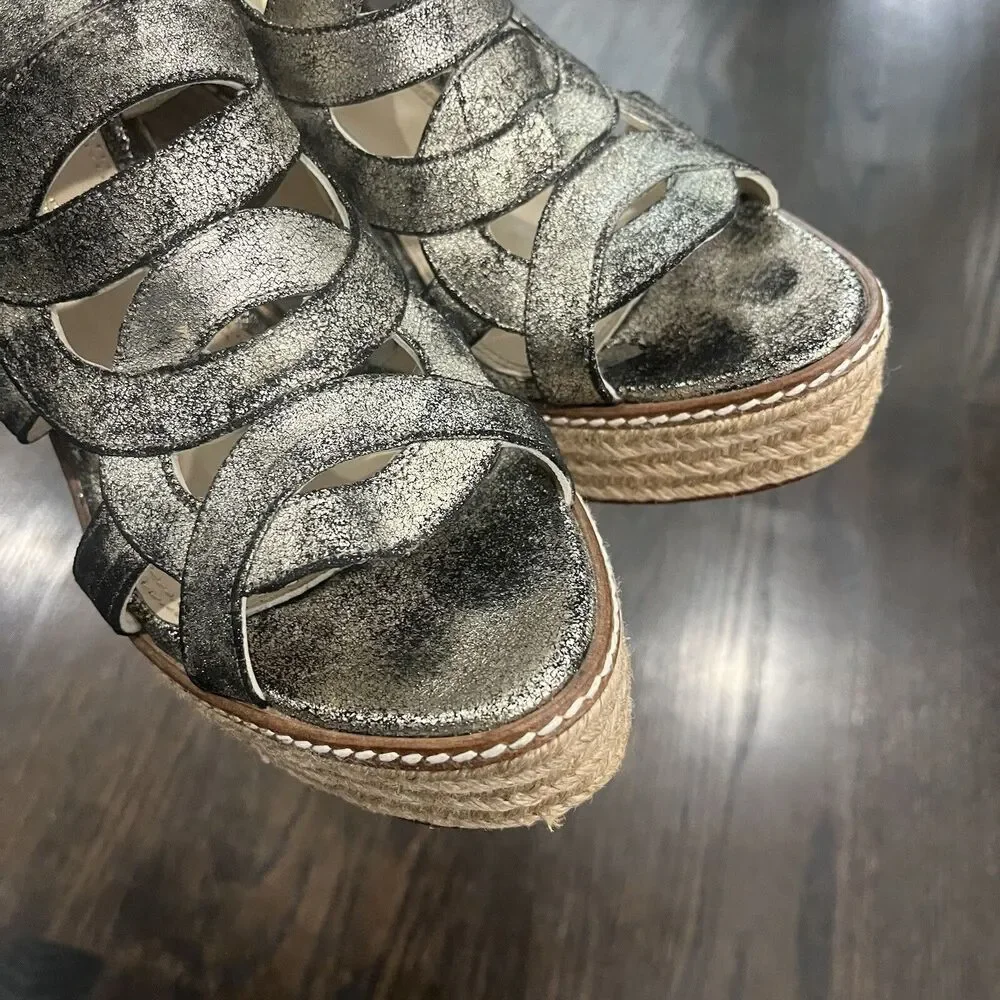 Rebecca Minkoff‎ Sandals Women's 9.5 B Gold Platform Espadrille Strappy Wedge